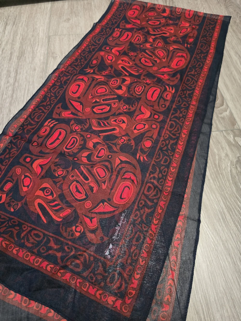 Vintage Boma Jocelyne Mange Native Art Scarf Red Black Sheer Long Italy